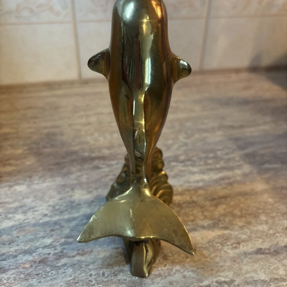 VTG Dolphin Brass figure Standing Riding Wave Surfing 5.5 inches tall dolphin